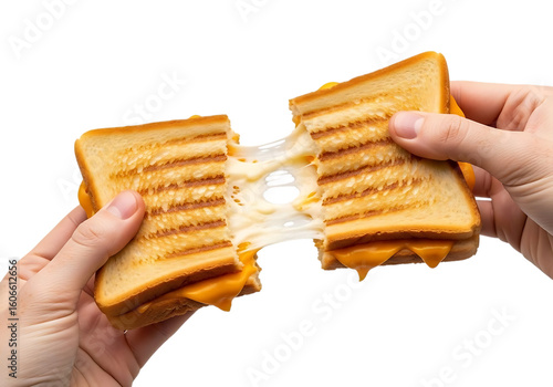 Hands pulling apart a gooey grilled cheese sandwich with melted cheese stretching between the halves isolated on transparent background