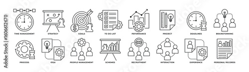 Icon Set of Management, Time Management, Strategy, Goals, To Do List, Proses and More. Icon Outline Style