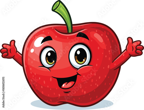 Happy apple gives thumbs up gesture. Fresh fruit mascot, health, food, nutrition, cheerful, playful, cartoon, character, wellbeing, positive, promotion.