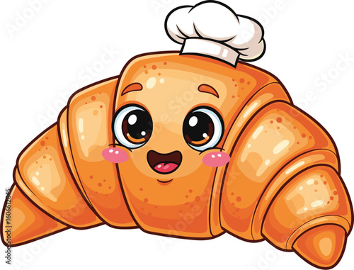Cartoon croissant chef smiles sweetly. Bakery, cute pastry, cooking, dessert, food industry, culinary