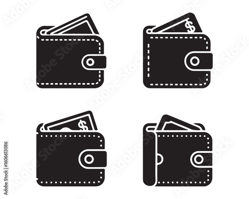 Four black wallet icons with money showing in different orientations on a white background