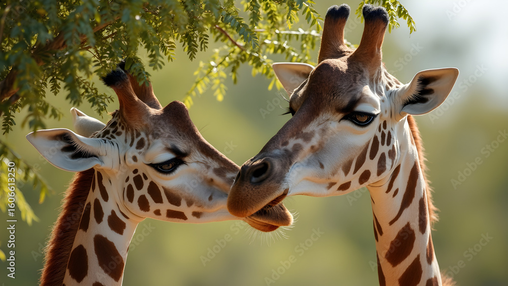 Obraz premium Gentle giraffes in the wild. Giraffes eating Acacia leaves. Ultra-realistic giraffe images. Nature photography featuring giraffes.