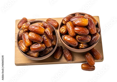 Two bowls filled with delicious sweet dates on a wooden board isolated on transparent background