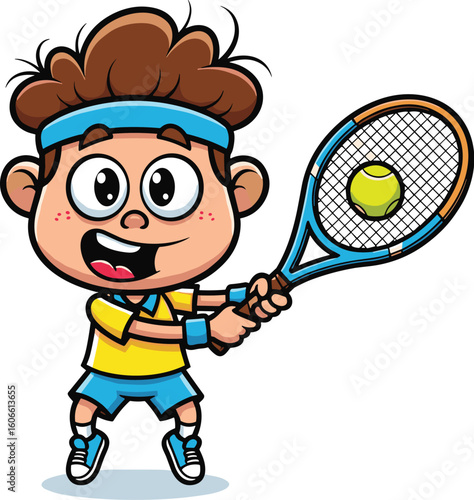 Cartoon tennis player hits ball with racket. Sports, kid, active, game, fun, energy, practice, training, health, lifestyle, challenge, competition.