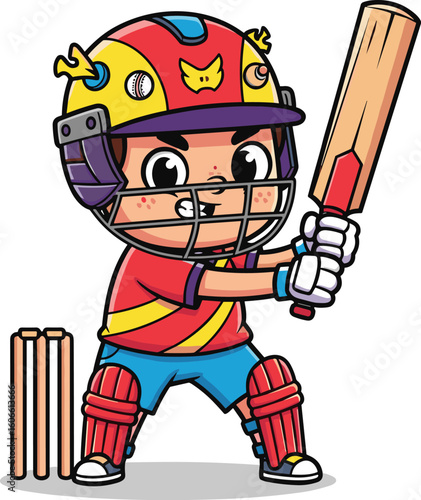 Cartoon cricket player ready to bat. Youth sports, athlete, equipment, safety, sport, kid, batsman, play, cricket, helmet, game, fun.