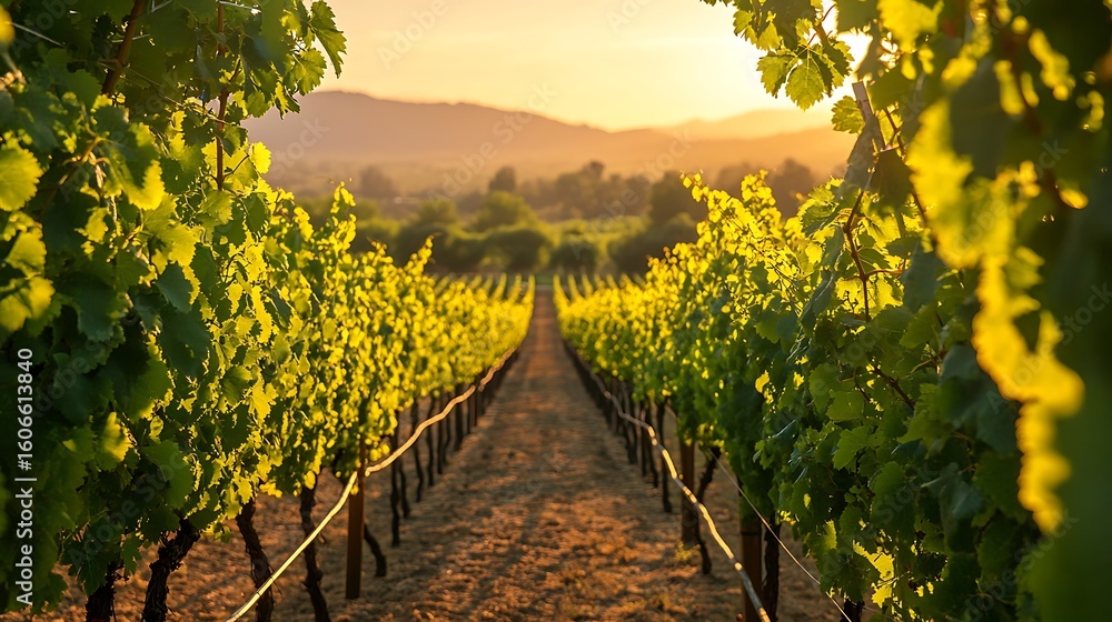 Naklejka premium Rows of grape vines at sunset, vineyard landscape with mountains in soft focus backdrop