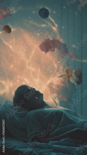 Dreaming of the cosmos in a surreal night setting with floating planets and vibrant colors