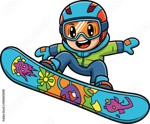 Cartoon snowboarder rides downhill. Winter sport, cute, happy, snow, fun, adventure, activity, kids, youth, recreation, lifestyle