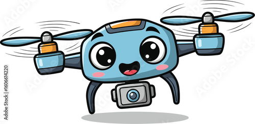 Cute cartoon drone flying, smiling at camera. Digital technology, robotics, ai, artificial intelligence, aerial photography, fun, animation, remote control.