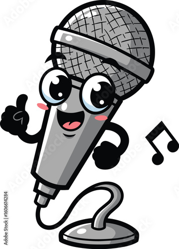 Animated microphone character gives thumbs up.  Music, sound, audio, technology, entertainment, performance, communication, cartoon, mascot
