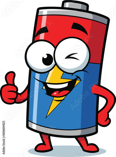 Cartoon battery winks and gives a thumbs up. Power, energy, positive, cute, fun, happy, mascot, character, illustration, animated, comical, comical, electric, volt