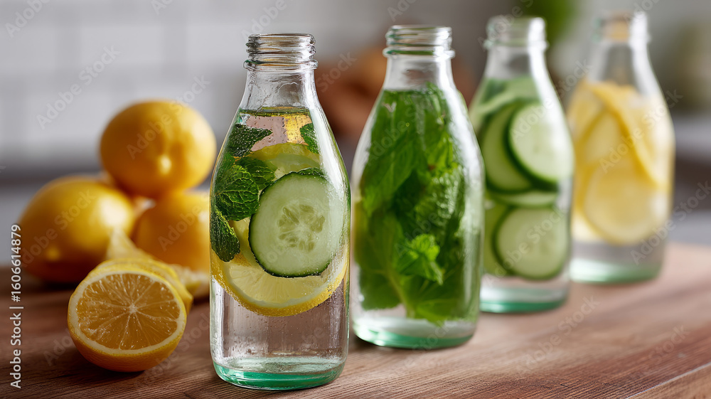 Fototapeta premium Infused water with lemon, cucumber, and mint in glass bottles.