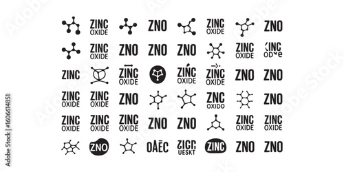 A collection of zinc oxide logos and chemical structures in various graphic representations on white