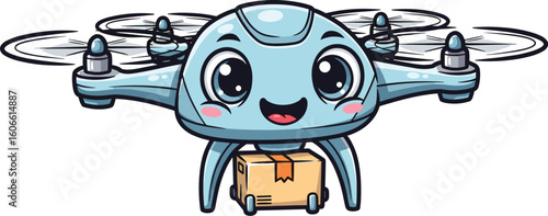 Cute drone delivers a package with a smile. Delivery service, automated shipping, package delivery, ai, cartoon, friendly, technology.