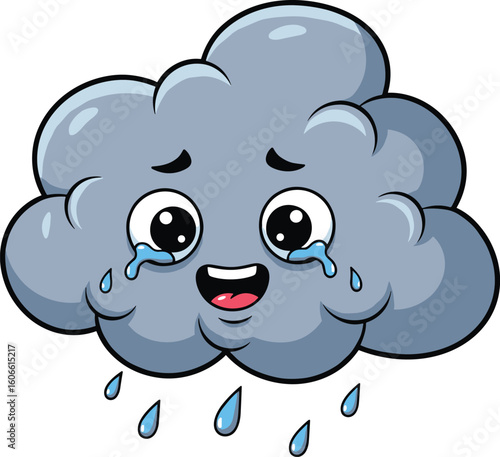 Crying cartoon cloud smiles, raining droplets. Weather, sad, happy, emotion, tears, character, cute, sky, design, funny, graphic, drawing