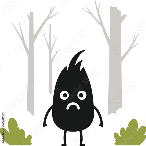 Sad creature stands in the woods looking dejected. Loneliness, forest, cartoon, character, unhappy, lost, woods, nature, sad, outcast, dark, alone, fear, tree