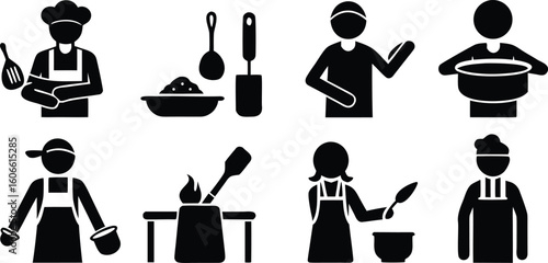 Vector art of pictogram icons showcasing chefs engaged in various cooking and food preparation activities in the kitchen isolated on transparent background.