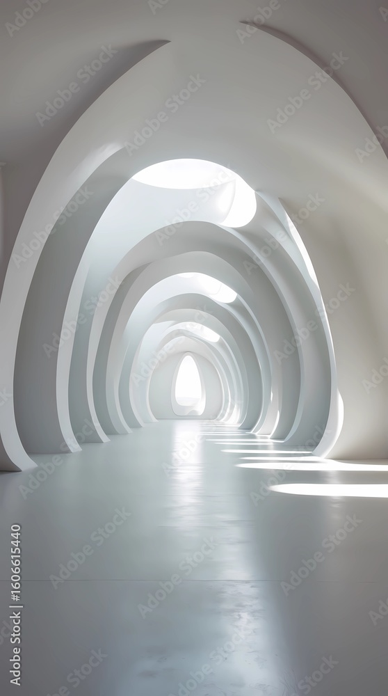 Fototapeta premium A massive white hall with softly curved ceilings and arched walls.