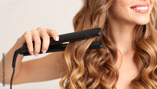 Young woman creating beautiful curls with a hair straightener