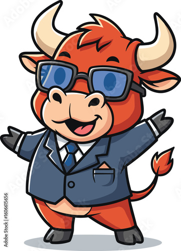 Bull in suit with sunglasses points outwards. Business, mascot, finance, cartoon, success, investment, stock market, vector.