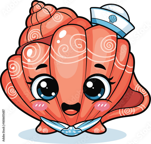 Smiling cartoon seashell character wears sailor hat. Cute mascot, ocean creature, adorable, nautical, happy, playful, whimsical, friendly, undersea, cheerful, fun