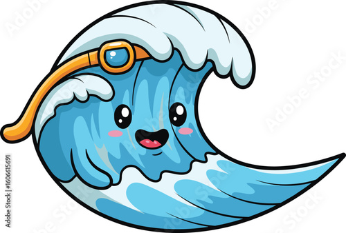 Cute wave character with goggles smiles. Swimming, water, cartoon, ocean, sea, fun, beach, summer, happy, illustration