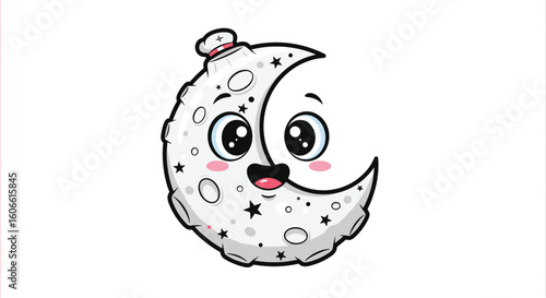 Smiling crescent moon character wears chef's hat. Cartoon celestial body, astrology, mascot, cooking, food, bakery, funny, cute, kids