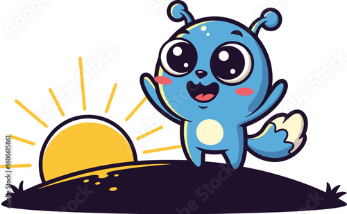 Cute cartoon alien waves hand. Joyful creature, sunrise, happy character, welcoming gesture, cosmic friend, extraterrestrial life, playful illustration, optimism