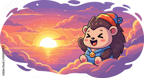 Cartoon hedgehog waves hello at sunset ocean view. Cute animal character, cheerful, dreamy scene, animated, kawaii