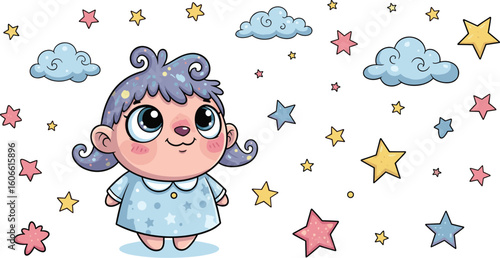 Cartoon girl in starry nightgown surrounded by clouds and stars. Fantasy, cute, dream, illustration, whimsy, children, innocence, art