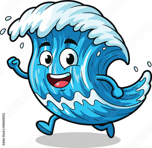 Cartoon wave character runs excitedly. Water mascot, sea, ocean, fun, happy, cute, cheerful, energy, active, nature, ripple, surf, splash, liquid, moving, tide