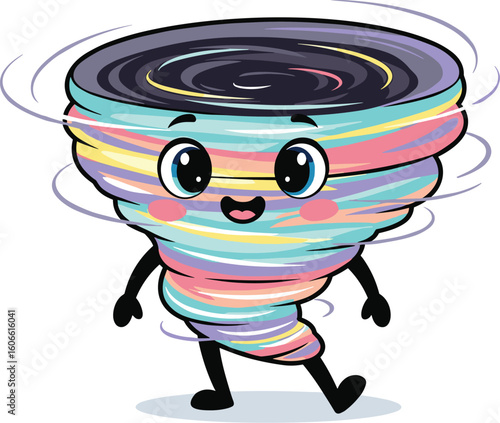 Cartoon tornado character walks, smiles. Colorful weather mascot, whimsical, cheerful, happy, cute, swirl, rainbow, fantasy, storm, wind, cheerful, kawaii, happy
