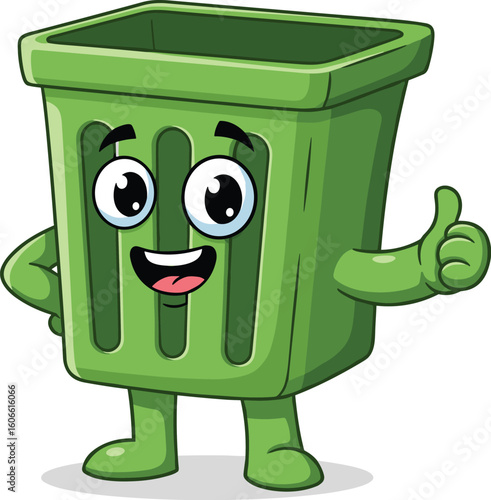 Trash can cartoon mascot gives a thumbs up. Recycling, environmentalism, waste management, clean, friendly, encouragement, eco-friendly, positive attitude.