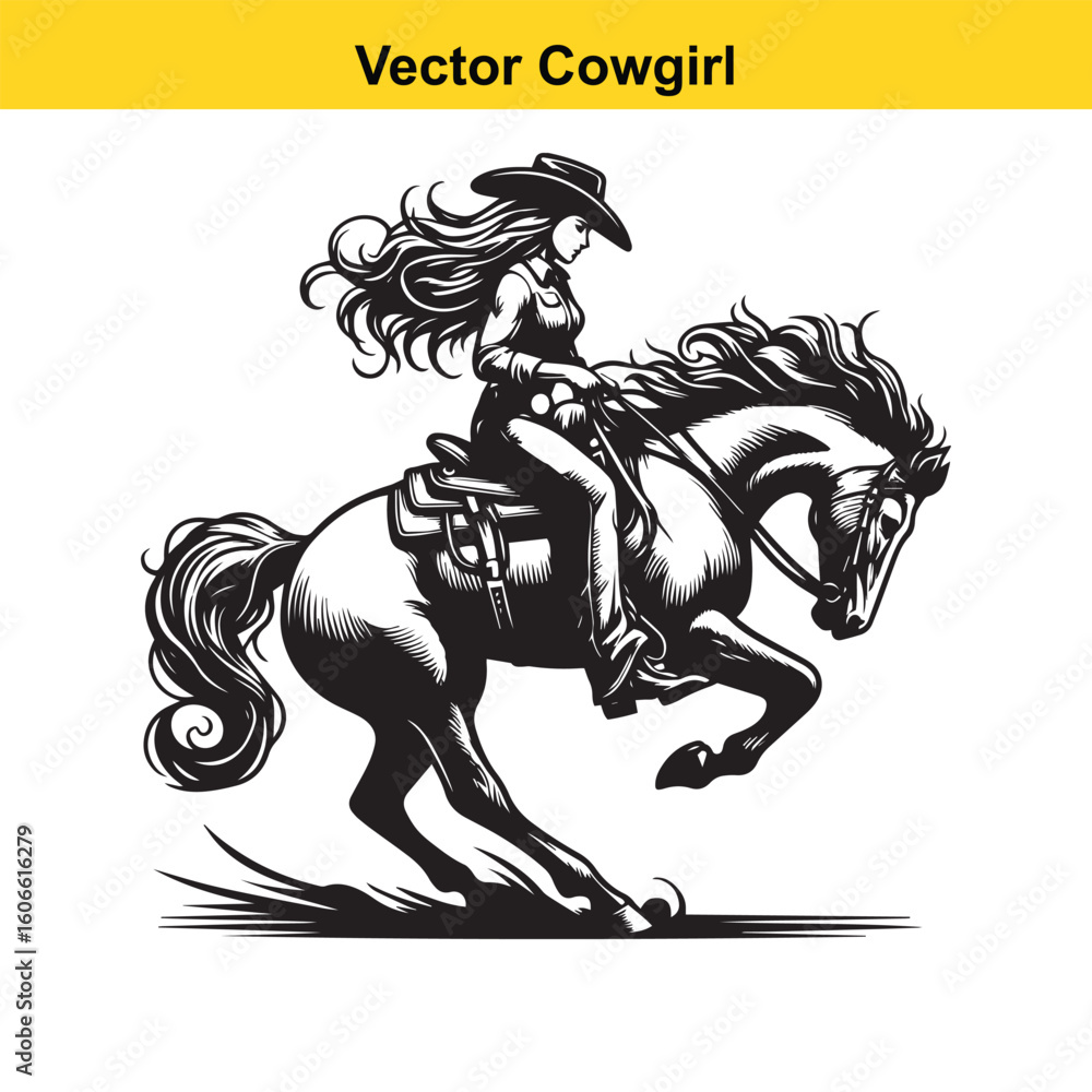 Obraz premium Cowgirl & Racing Horse – Vector Line Art.