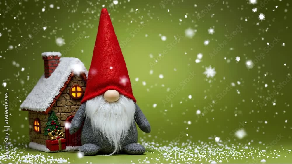 Christmas gnome standing next to small house in snow. Winter holiday, scandinavian folklore and festive decoration concept for banner. Horizontal banner