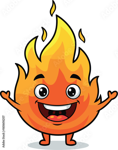 Happy fire cartoon character with open arms. Energy, power, heat, flame, mascot, funny, smile, cute, positive, bright, cheerful, animation