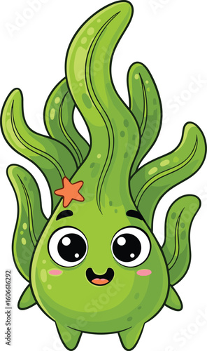 Happy seaweed with a star smiles sweetly. Cute, sea life, marine, ocean, cartoon, underwater, friendly, smiling, plant, character.