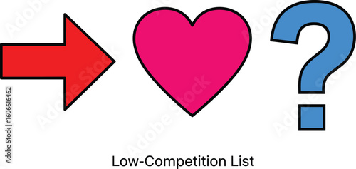 Arrow points towards heart and question mark. Finding love, discovering compatibility, romance, mystery, relationship, dating, love life, choice, uncertainty