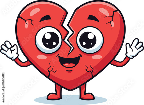 Cartoon heart with a crack waves hello. Cute, happy, friendly, animation, character, love, broken, cheerful, valentine, emotion, health, mascot