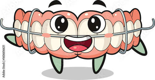 Cartoon braces mascot is happy and smiling. Dental care, orthodontics, healthcare, teeth, smile, cheerful, cute, character