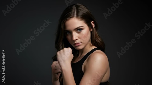 Wallpaper Mural Determined young woman shows strength and power with clenched fists looking at camera Torontodigital.ca