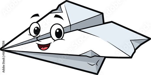 Cartoon paper airplane smiles and takes flight.  Animation, paper plane, character, happy, flight, travel, cute, childish, fun, joy, fly, papercraft, origami