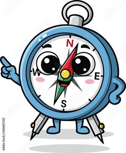 Cartoon compass points way forward. Finding directions, guide, navigation, orientation, journey, adventure, travel, discovery, searching, success, path, direction.