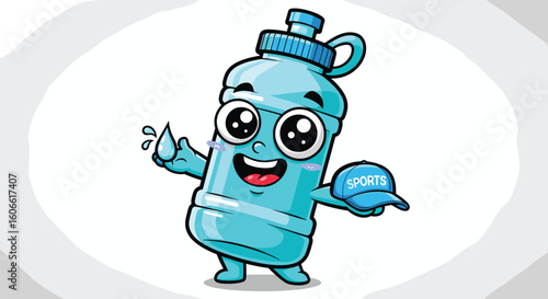 Water bottle cartoon character smiles and holds sports cap. Hydration, fitness, health, drink, cute, athlete, wellness, exercise, active lifestyle, healthy lifestyle.