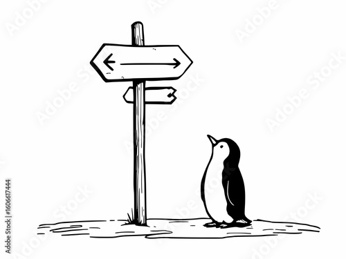 Penguin contemplating directions at a signpost in a snowy landscape