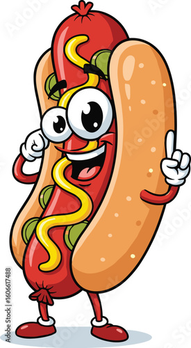 Hotdog cartoon character with an idea. Food illustration, mascot, comic, animation, fun, restaurant
