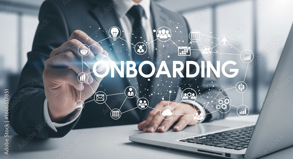 Naklejka premium A businessman using a laptop with onboarding graphic overlay and connected business icons shown