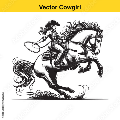 Wallpaper Mural Cowgirl & Racing Horse – Vector Line Art. Torontodigital.ca