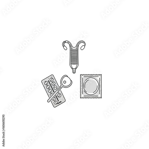 Simple line art illustration of birth control methods, including a diaphragm, pills, and condoms.