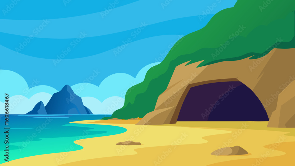 Naklejka premium Two Dimensional Cartoon Background of a Secret Hidden Cove Beach